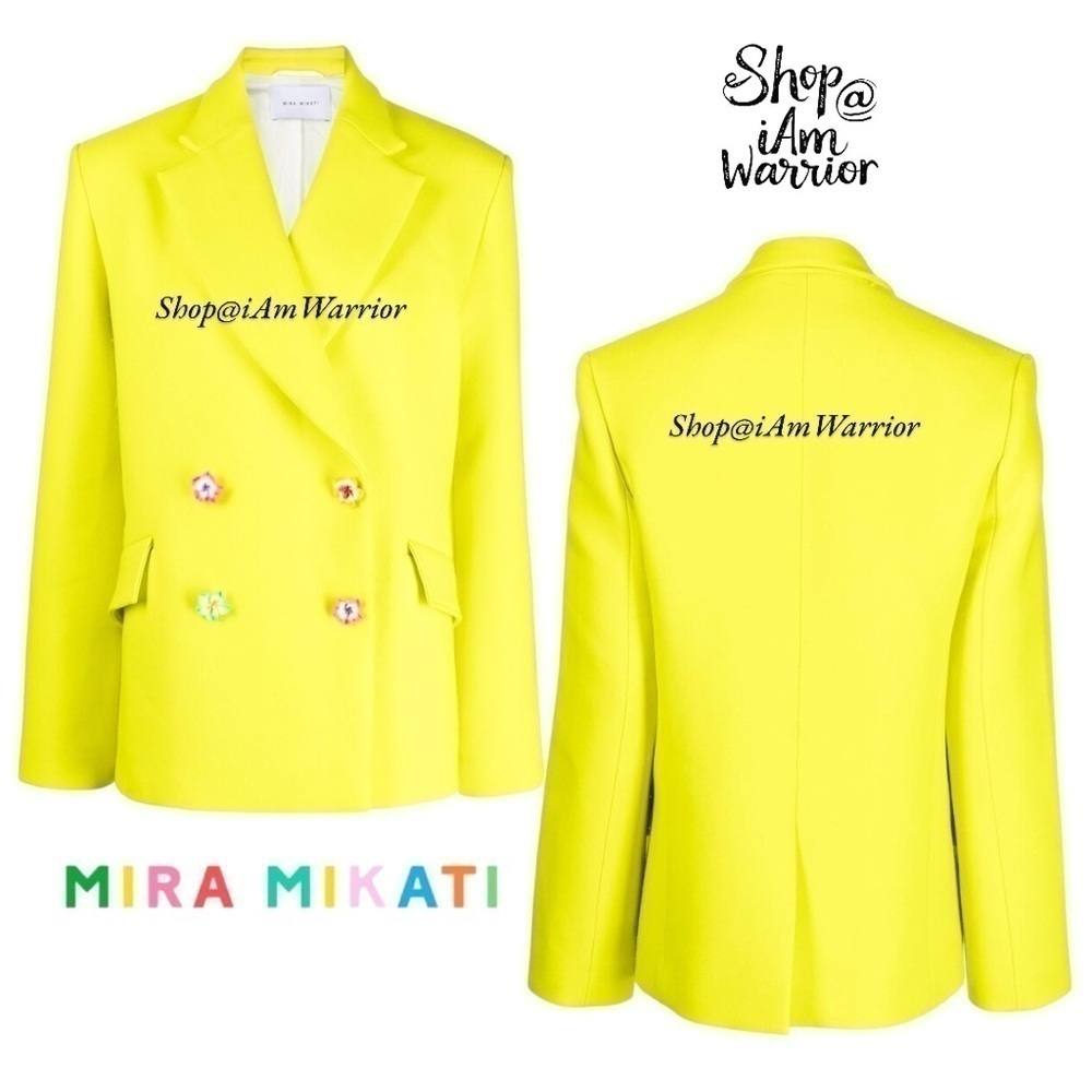 Mira Mikati neon yellow double breasted scuba blazer w/ ceramic floral buttons - Picture 4 of 9
